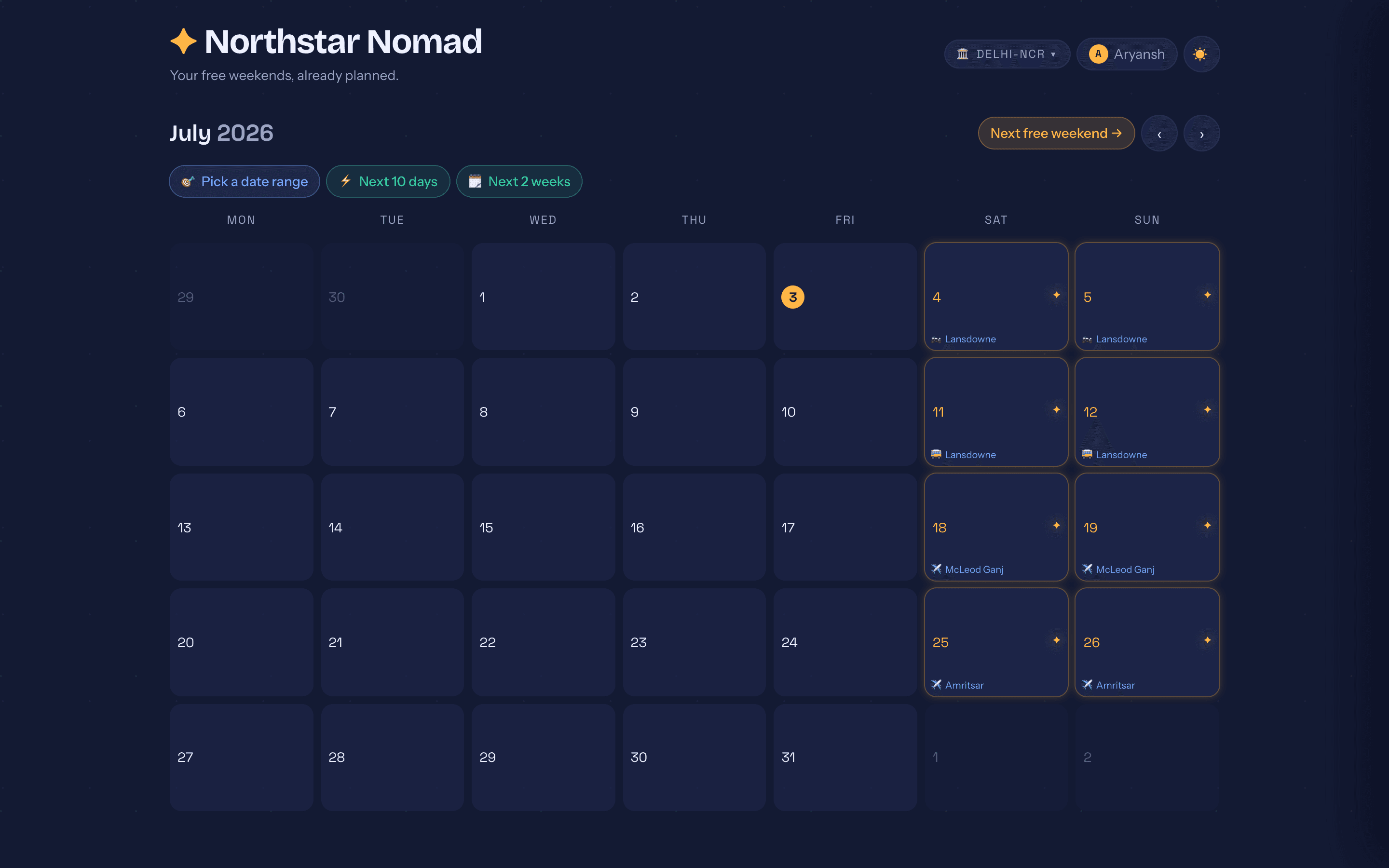 Northstar Nomad calendar with glowing weekends and trip teasers