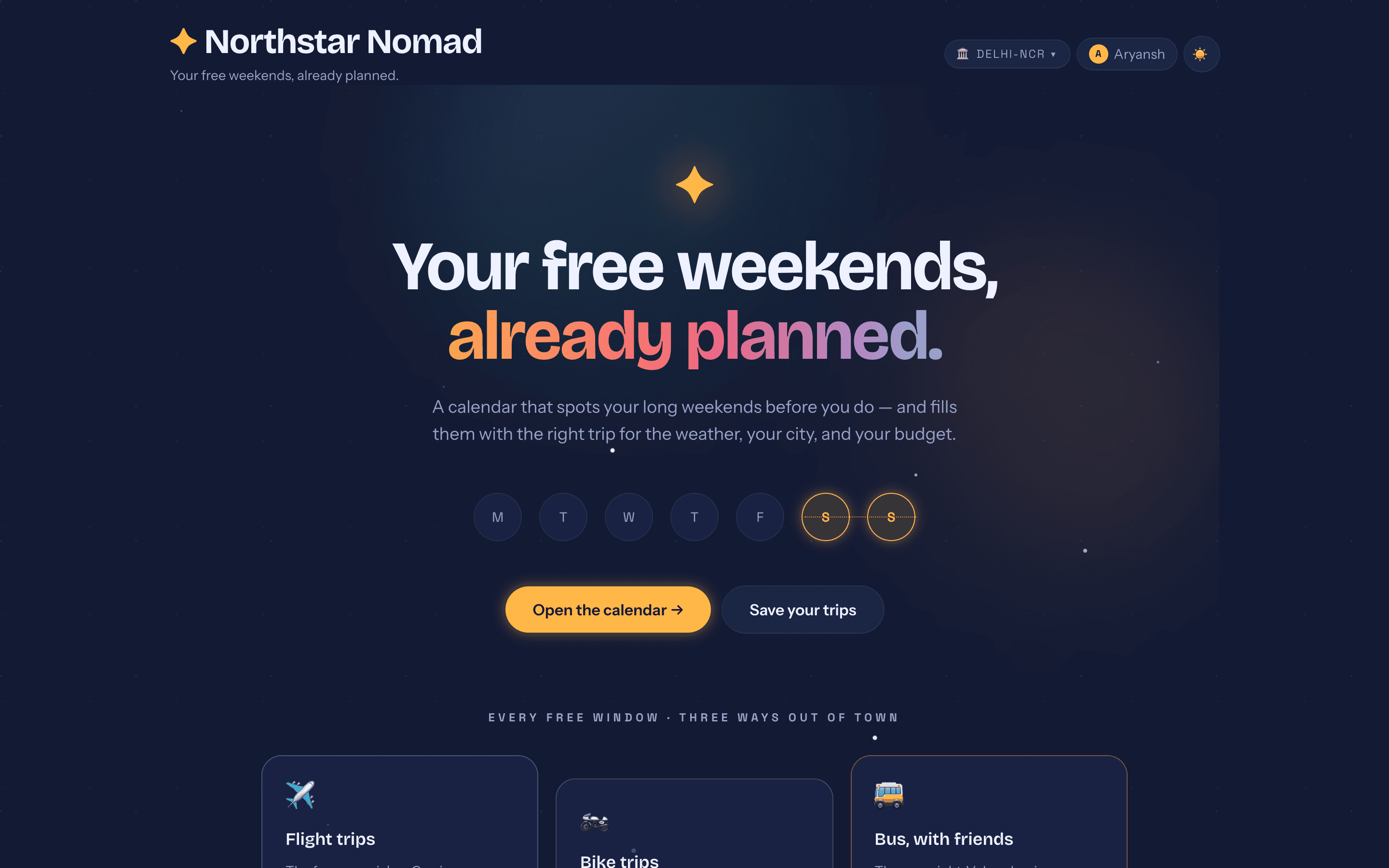 Northstar Nomad animated night-sky landing page