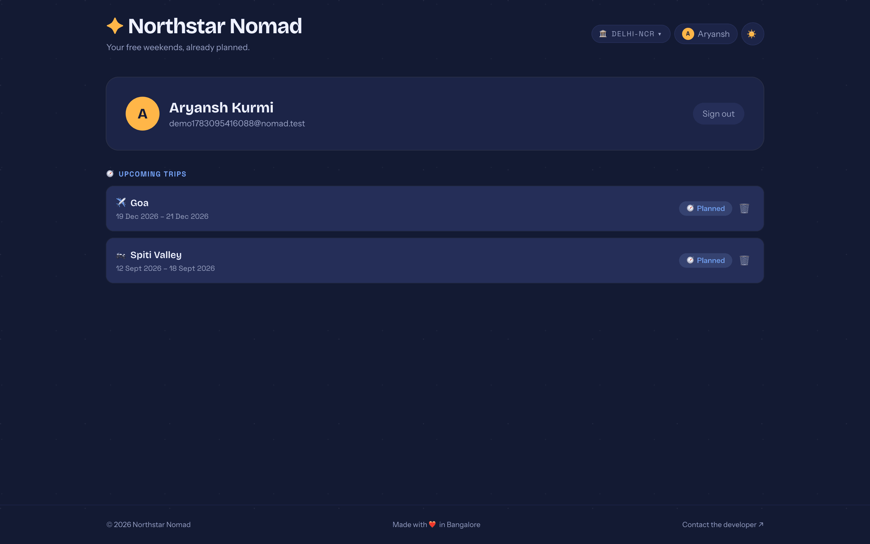 Northstar Nomad profile with planned trips